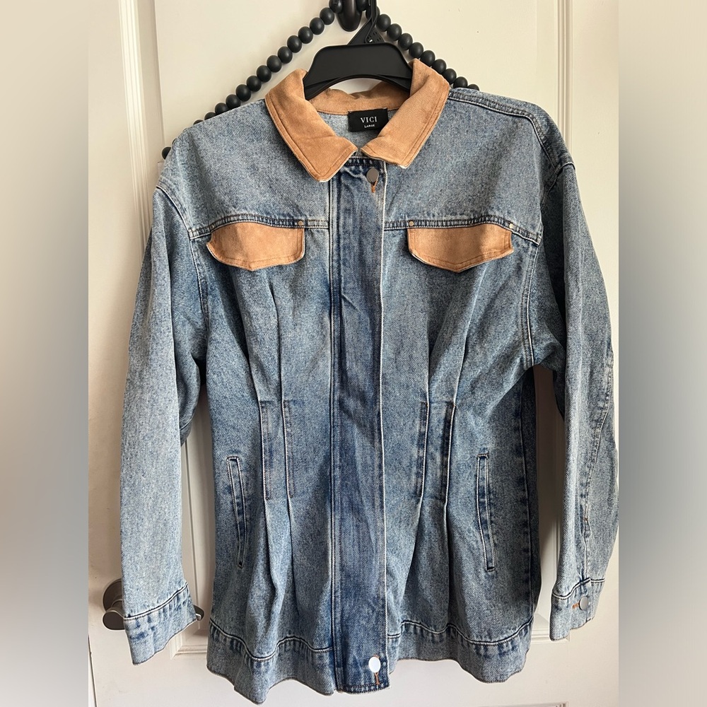 VICI Brown Suede Trim Pockets Collar Denim Blue Barn Long Jacket Medium 8 10 NWT - Picture 7 of 9